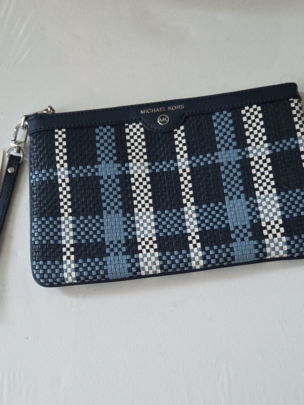 Michael Kors Navy & Light Blue Woven Plaid Wristlet